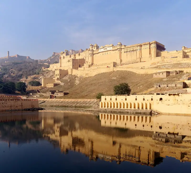Amber Fort rising above Maota Lake near Jaipur