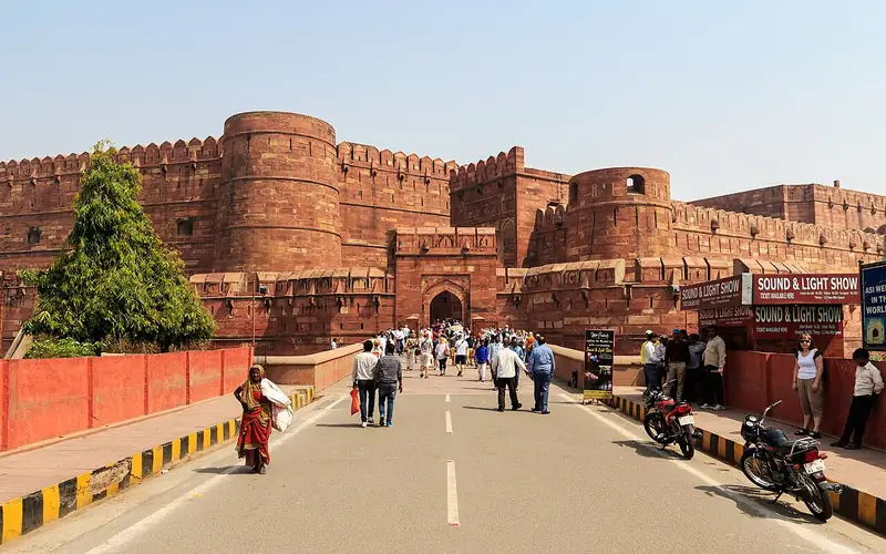 The red sandstone walls and gateways of Agra Fort