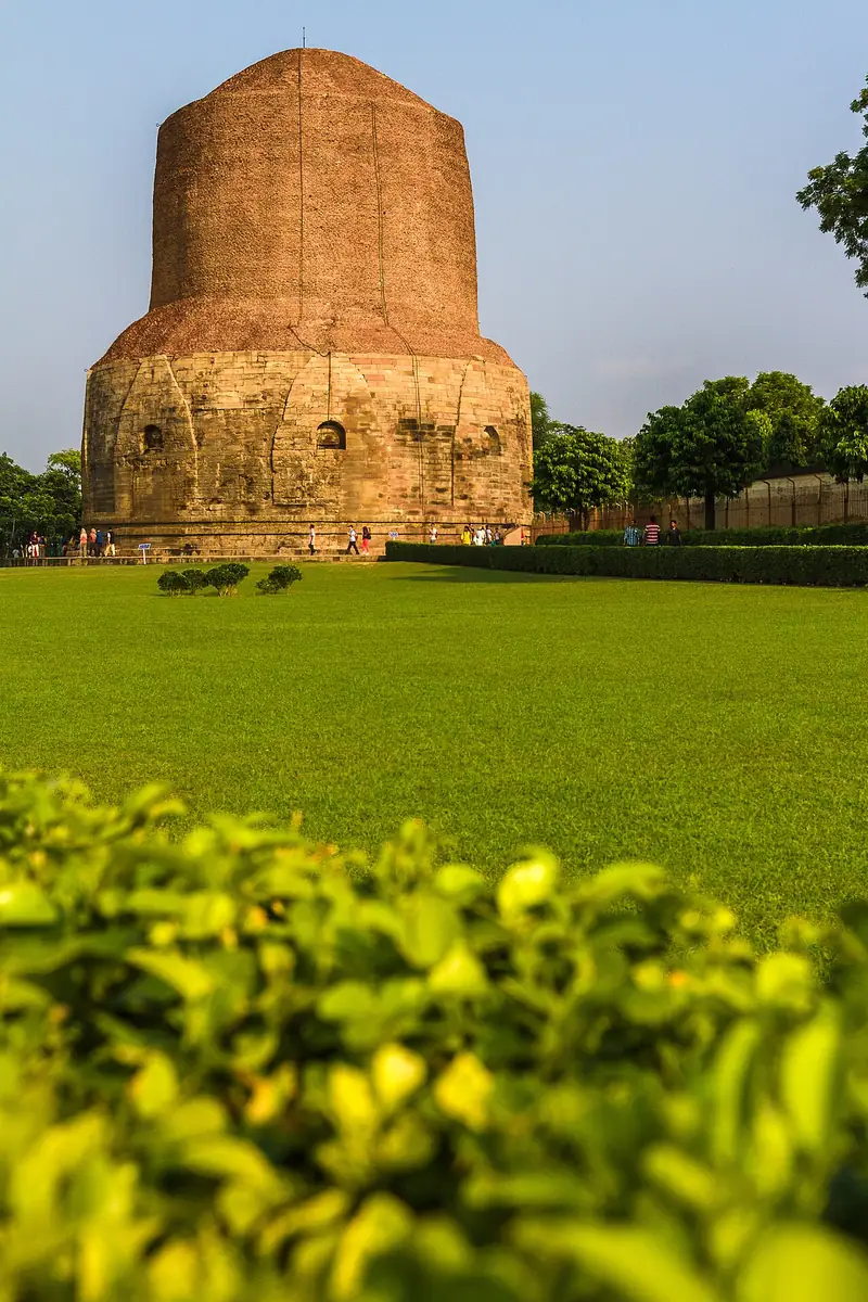 The ancient cylindrical Dhamek Stupa at Sarnath near Varanasi