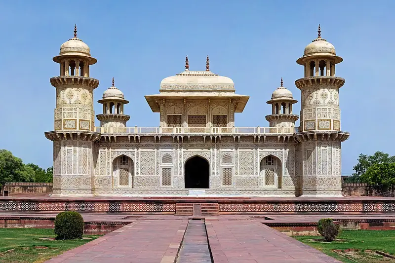 The intricately inlaid marble facade of Itimad-ud-Daulah, the Baby Taj, Agra