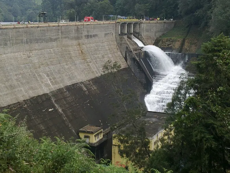 Mattupetty Dam reservoir framed by pine-clad hills near Munnar